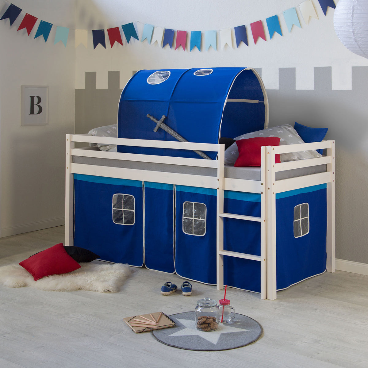 Hochbett mit Matratze 90x200 cm Kinderbett Tunnel Vorhang Blau Holz Kiefer Lattenrost