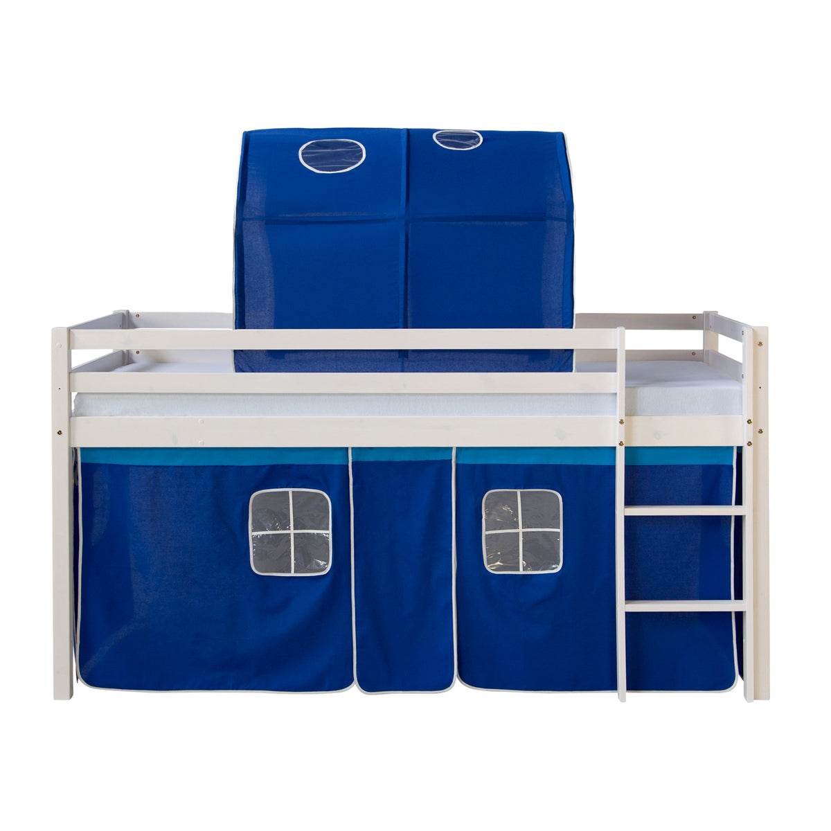 Hochbett mit Matratze 90x200 cm Kinderbett Tunnel Vorhang Blau Holz Kiefer Lattenrost