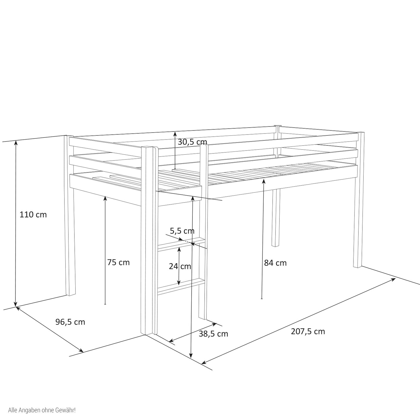 Hochbett mit Matratze 90x200 cm Kinderbett Tunnel Vorhang Blau Holz Kiefer Lattenrost