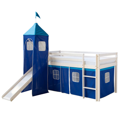 Hochbett mit Matratze 90x200 cm Turm Rutsche Leiter Holz Kiefer Vorhang blau Lattenrost