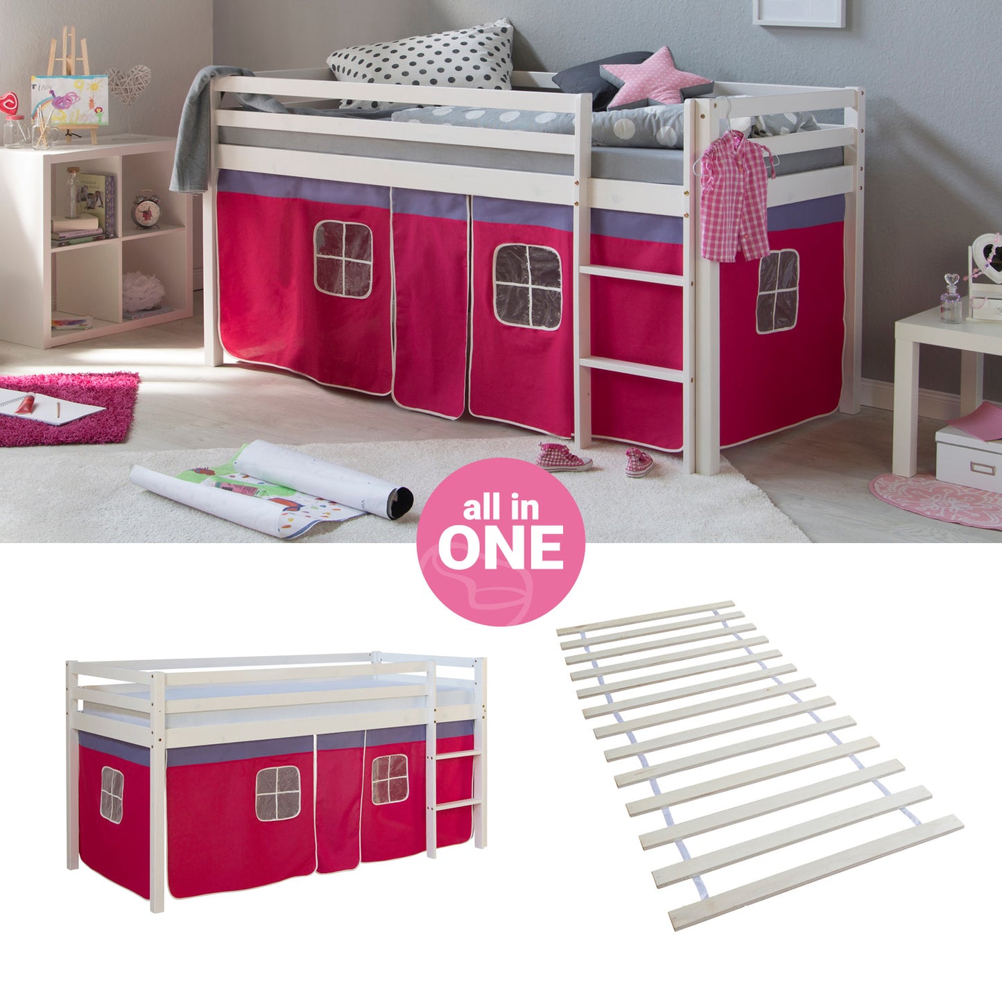 Hochbett Kinder 90x200 cm Weiss mit Vorhang in Pink | mit Lattenrost