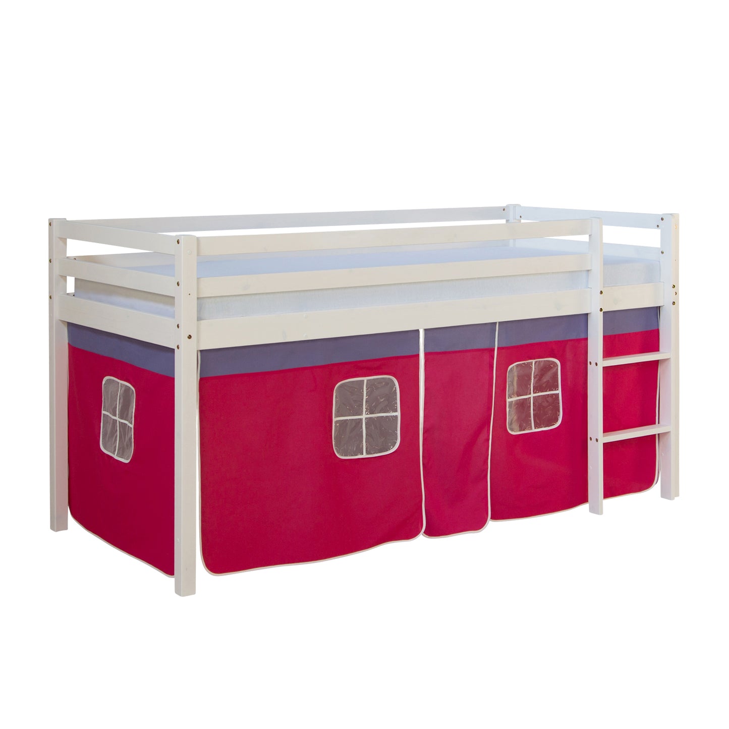 Hochbett Kinder 90x200 cm Weiss mit Vorhang in Pink | mit Lattenrost