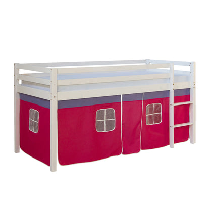 Hochbett Kinder 90x200 cm Weiss mit Vorhang in Pink | mit Lattenrost