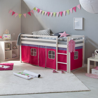Hochbett Kinder 90x200 cm Weiss mit Vorhang in Pink | mit Lattenrost