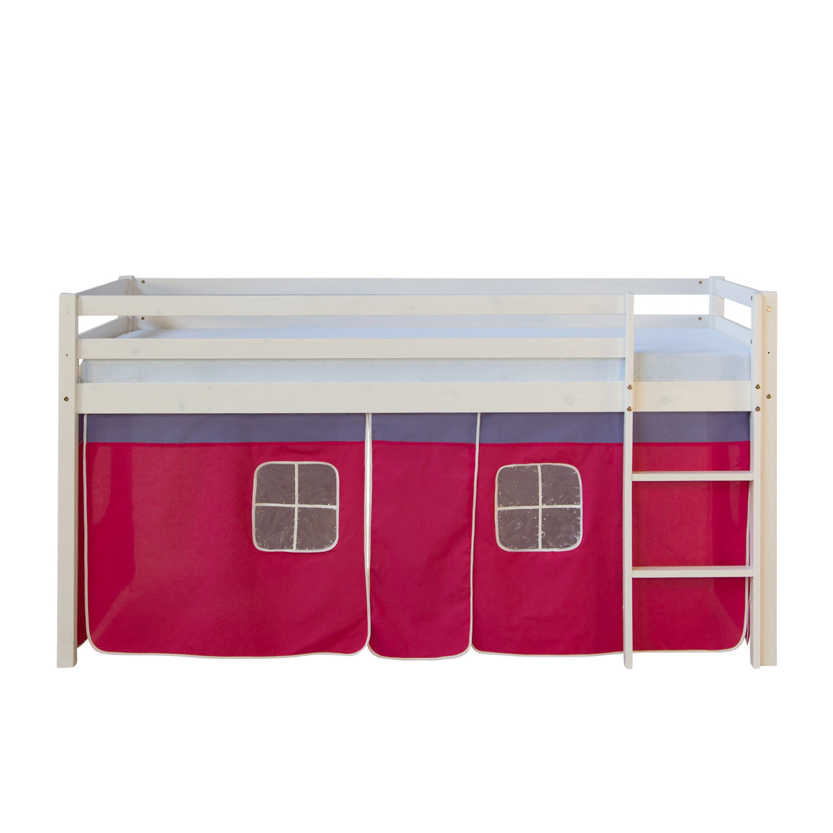 Hochbett Kinder 90x200 cm Weiss mit Vorhang in Pink | mit Lattenrost