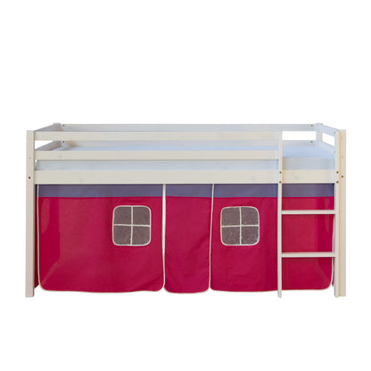Hochbett Kinder 90x200 cm Weiss mit Vorhang in Pink | mit Lattenrost
