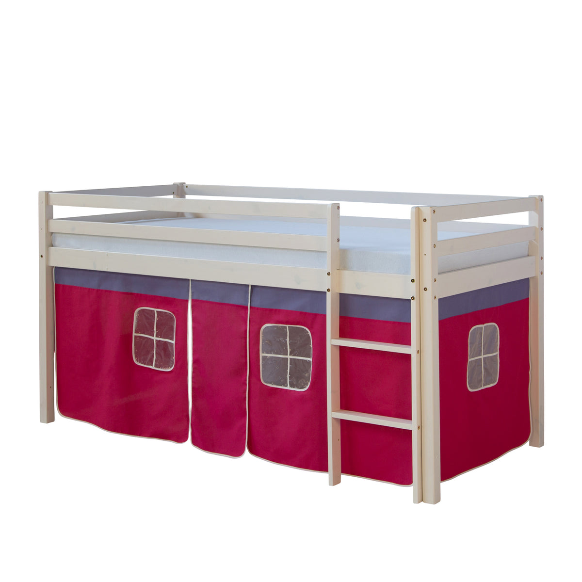 Hochbett Kinder 90x200 cm Weiss mit Vorhang in Pink | mit Lattenrost