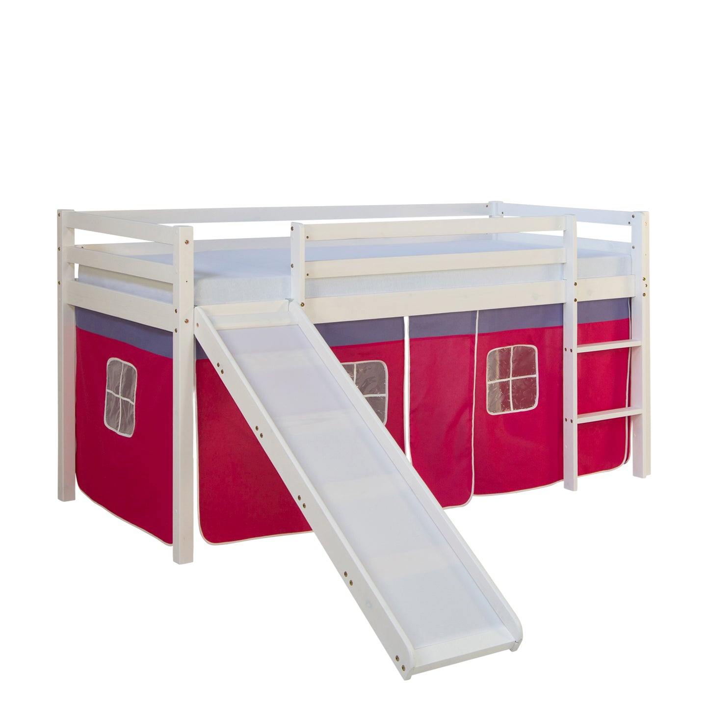 Hochbett Kinder 90x200 cm Weiss mit Vorhang in Pink | Rutsche | mit Lattenrost