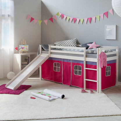 Hochbett Kinder 90x200 cm Weiss mit Vorhang in Pink | Rutsche | mit Lattenrost