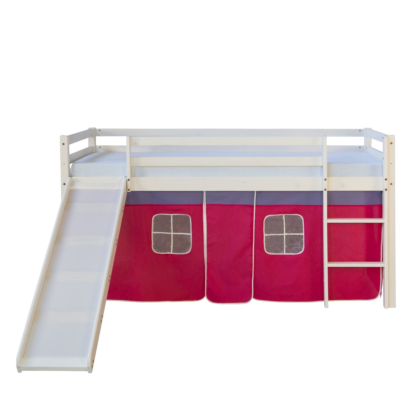 Hochbett Kinder 90x200 cm Weiss mit Vorhang in Pink | Rutsche | mit Lattenrost