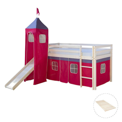 Hochbett mit Lattenrost 90x200 Turm Rutsche Kinderbett Kiefer Vorhang Weiss - Palo24