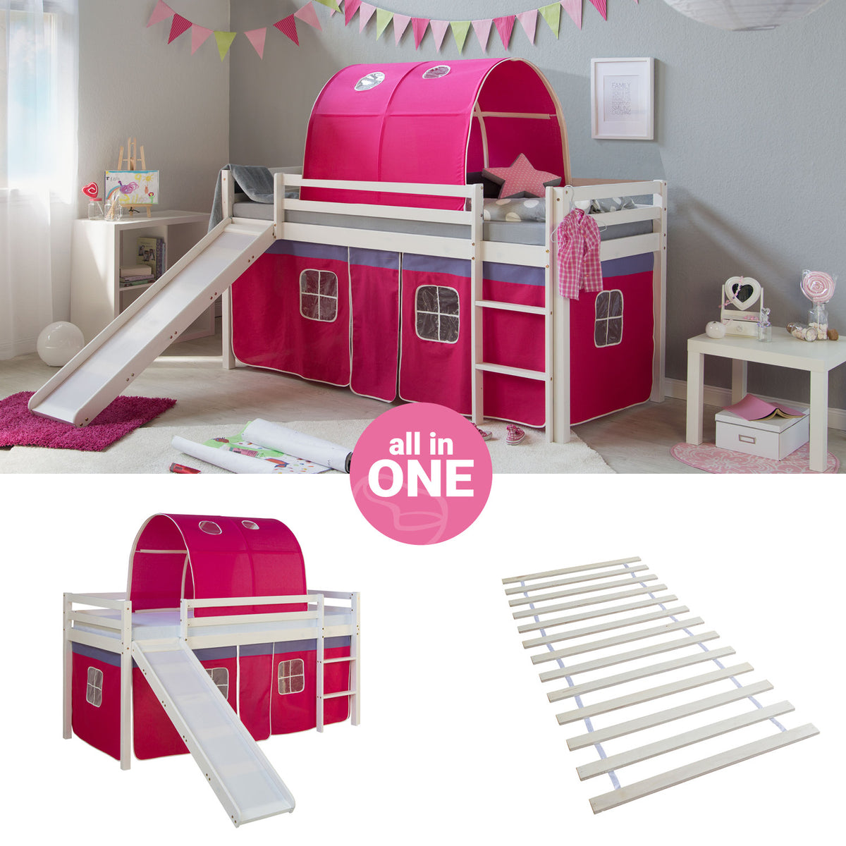 Hochbett Kinder 90x200 cm Weiss mit Vorhang in Pink | Tunnel | Rutsche | mit Lattenrost