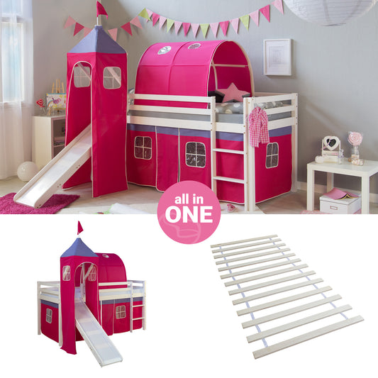 Hochbett Kinder 90x200 cm Weiss mit Vorhang in Pink | Tunnel | Turm | Rutsche | mit Lattenrost