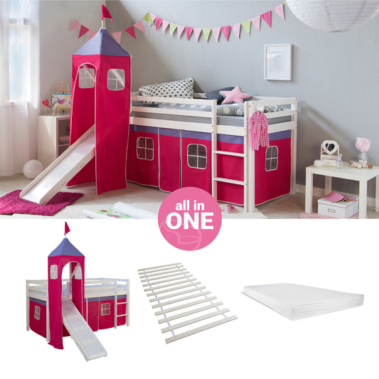 Hochbett mit Matratze 90x200 cm Turm Rutsche Leiter Holz Kiefer Vorhang pink Lattenrost