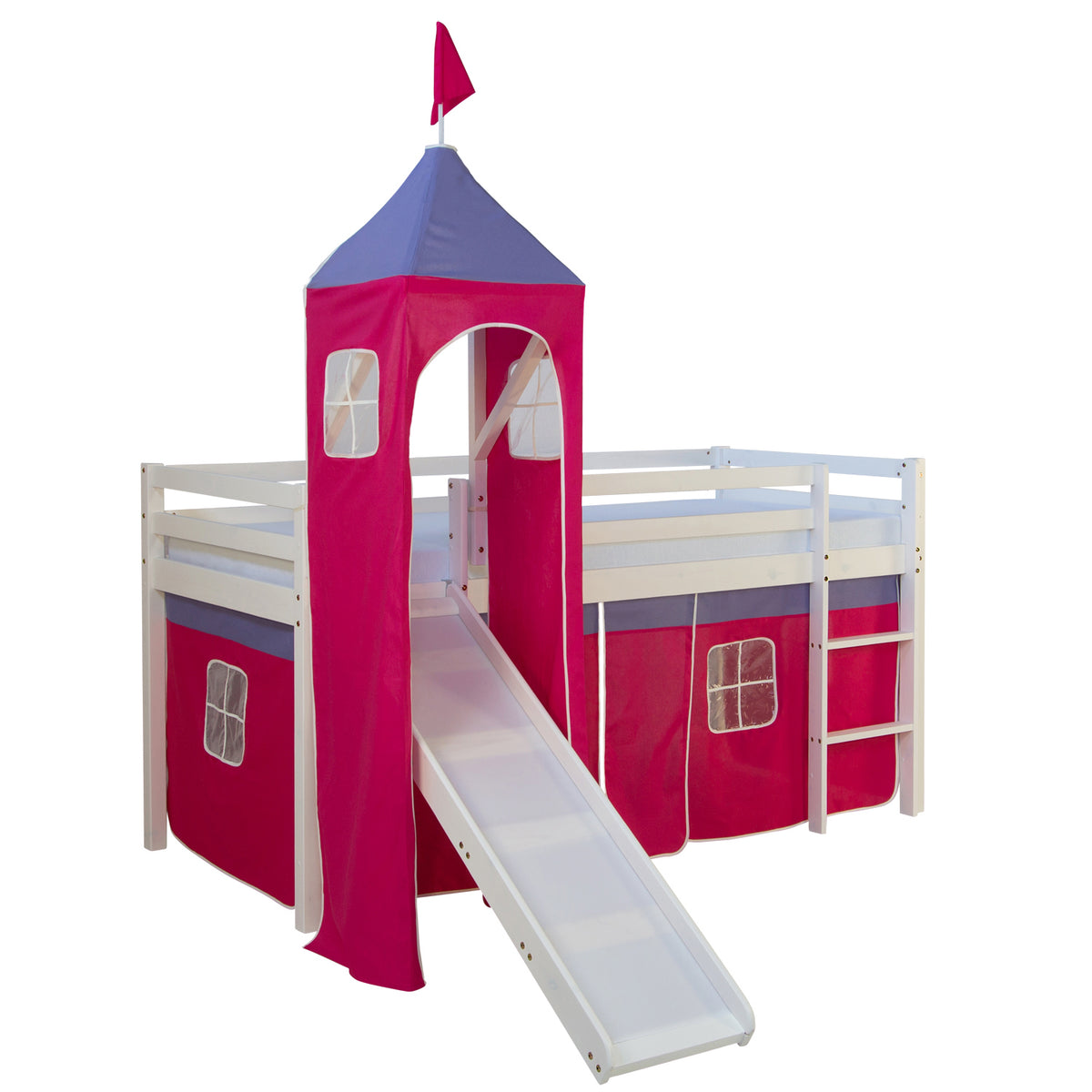 Hochbett mit Matratze 90x200 cm Turm Rutsche Leiter Holz Kiefer Vorhang pink Lattenrost