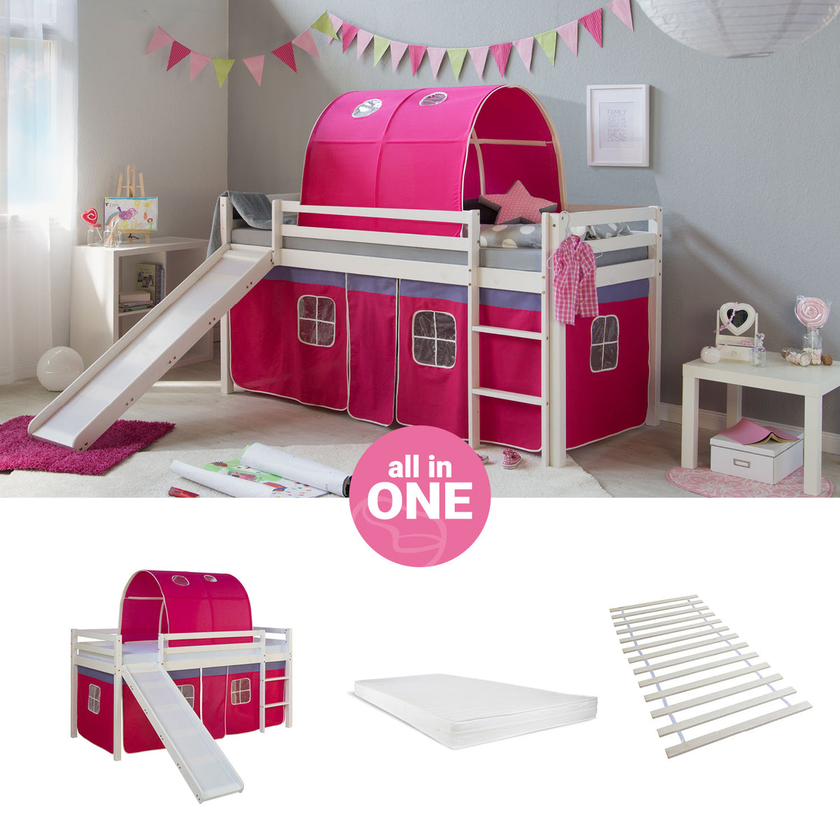 Hochbett mit Matratze 90x200 Rutsche Holz Kiefer Vorhang Tunnel pink Lattenrost