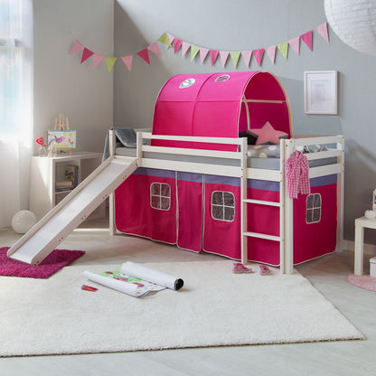 Hochbett mit Matratze 90x200 Rutsche Holz Kiefer Vorhang Tunnel pink Lattenrost