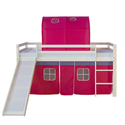Hochbett mit Matratze 90x200 Rutsche Holz Kiefer Vorhang Tunnel pink Lattenrost