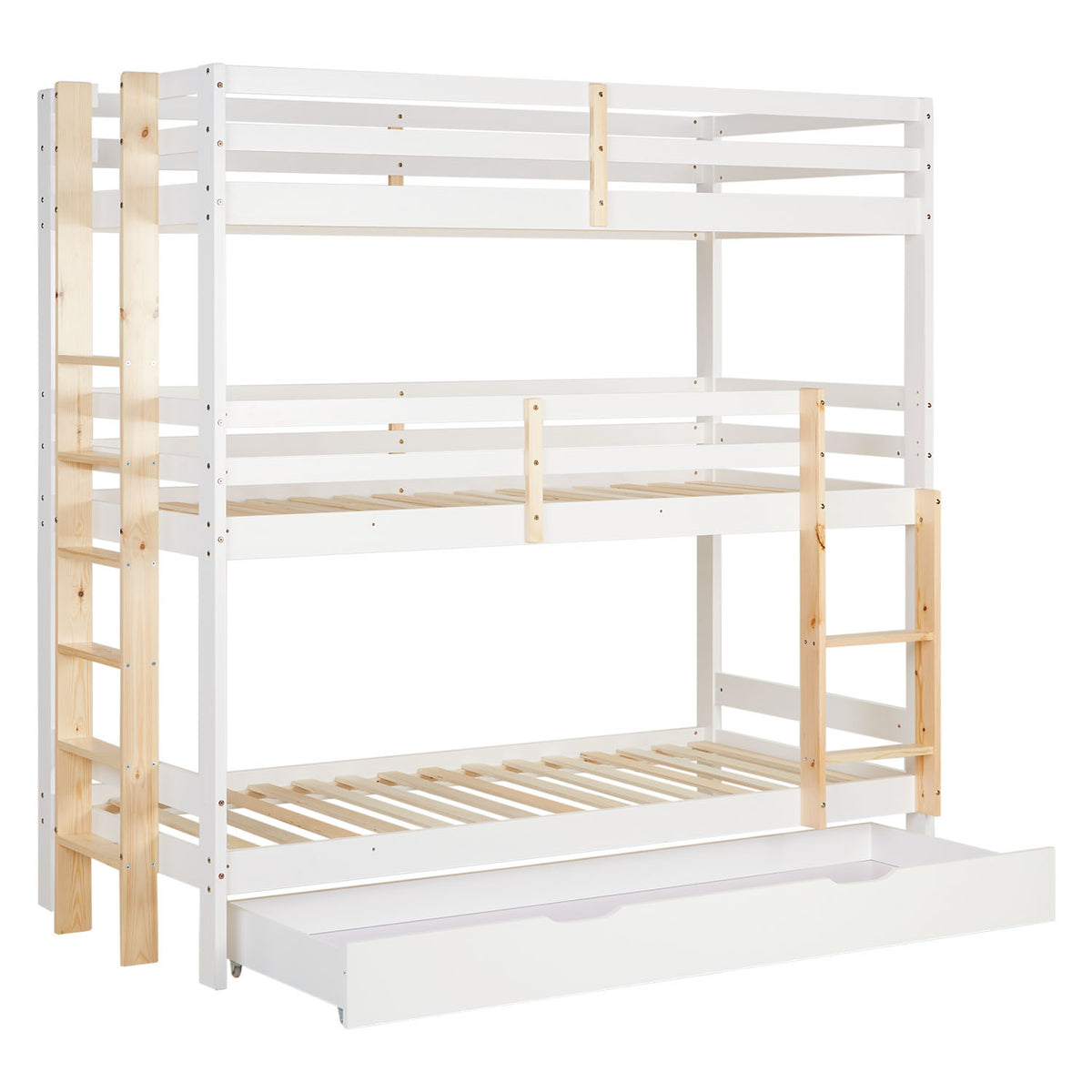 Etagenbett 3 Ebenen 90x200 cm Weiss | Leitern Natur | mit Bettkasten | mit Lattenrost