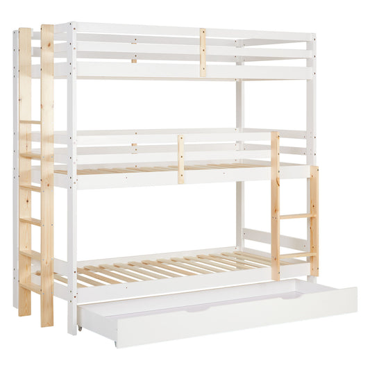 Etagenbett 3 Ebenen 90x200 cm Weiss | Leitern Natur | mit Bettkasten | mit Lattenrost