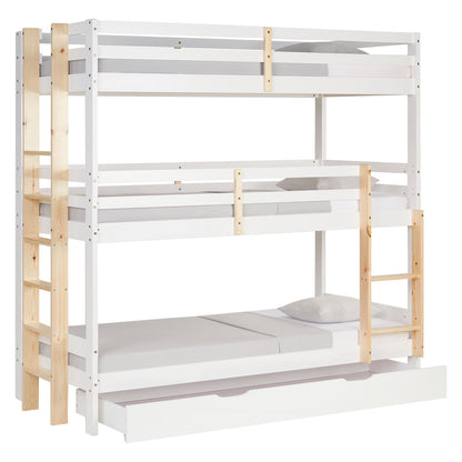 Etagenbett 3 Ebenen 90x200 cm Weiss | Leitern Natur | mit Bettkasten | mit Lattenrost