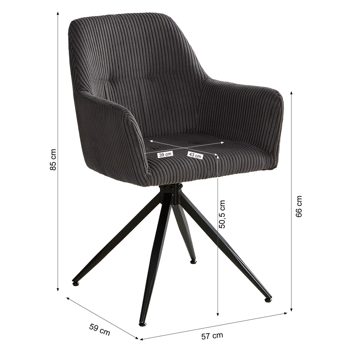 Polsterstuhl Cord Grau | einzeln | drehbar | mit Armlehnen | Küche Esszimmer Büro