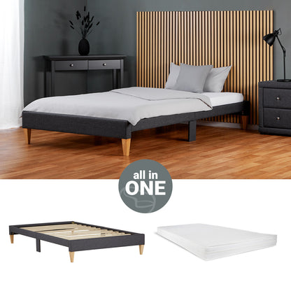 Polsterbett 90x200 cm Grau | Futonbett | mit Lattenrost | mit Matratze | Stoffbett