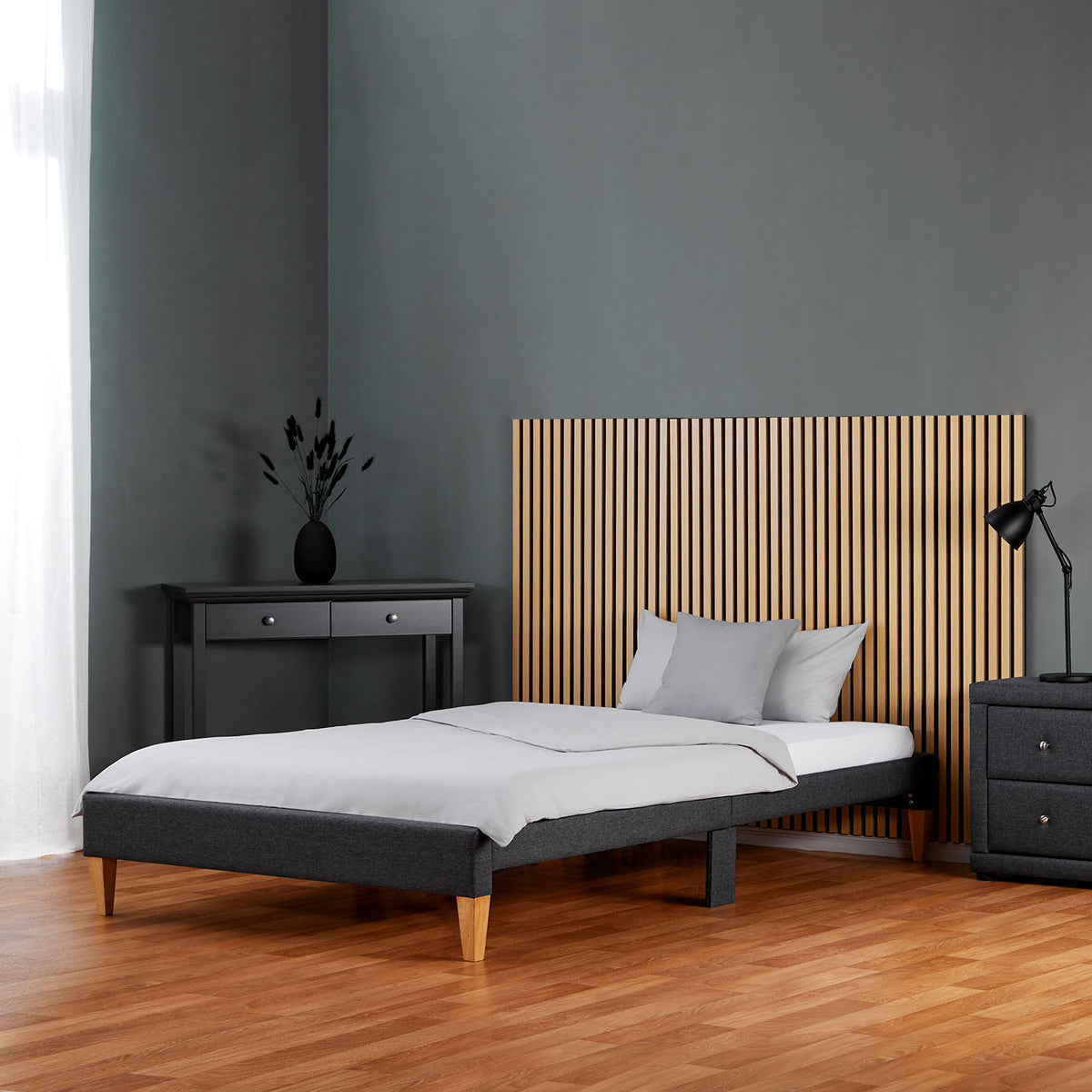 Polsterbett 90x200 cm Grau | Futonbett | mit Lattenrost | mit Matratze | Stoffbett