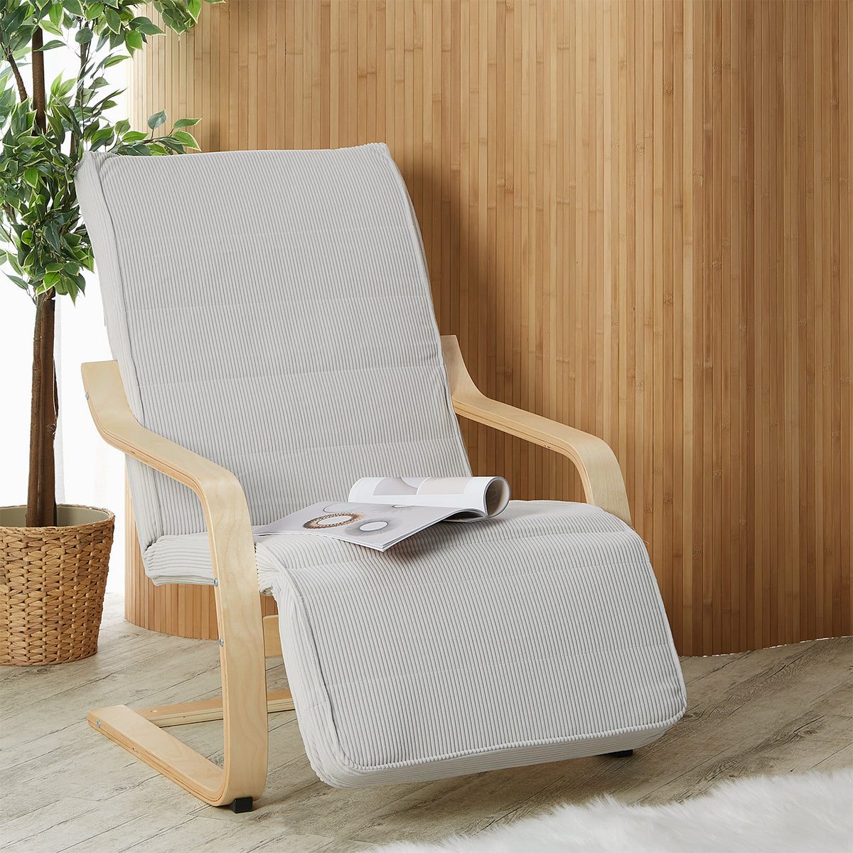 Relaxsessel Cord Grau | mit Fußstütze | Holz Natur | Schwingsessel Schaukelstuhl