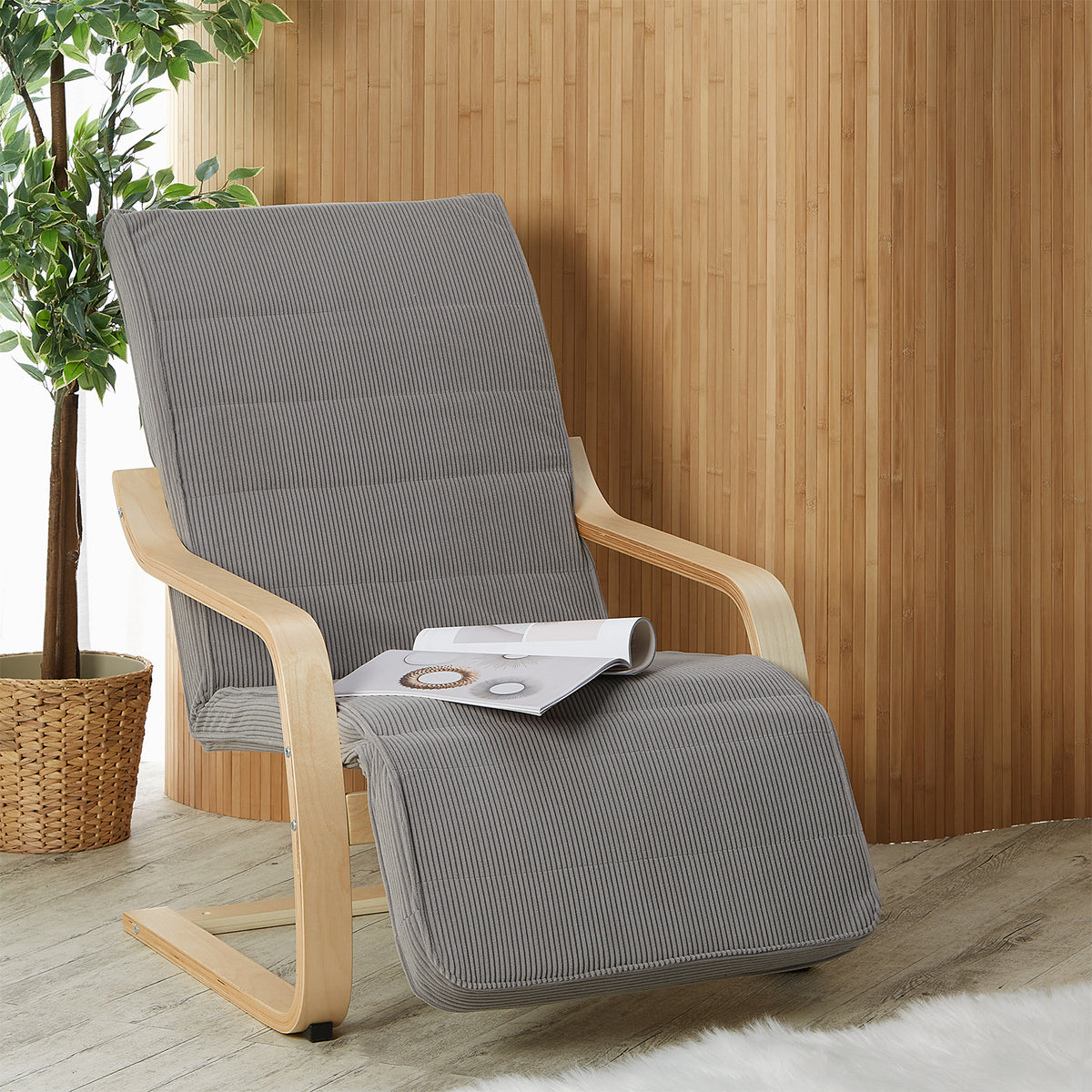 Relaxsessel Cord Dunkelgrau | mit Fußstütze | Holz Natur | Schwingsessel Schaukelstuhl