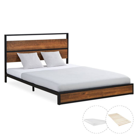Metallbett mit Matratze & Lattenrost  140x200 cm Schwarz Braun