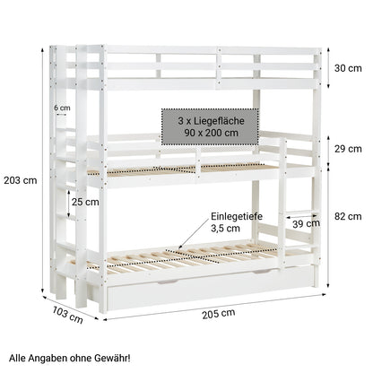 Etagenbett mit Matratzen 90x200 cm mit Bettkasten Dreifachbett Weiss