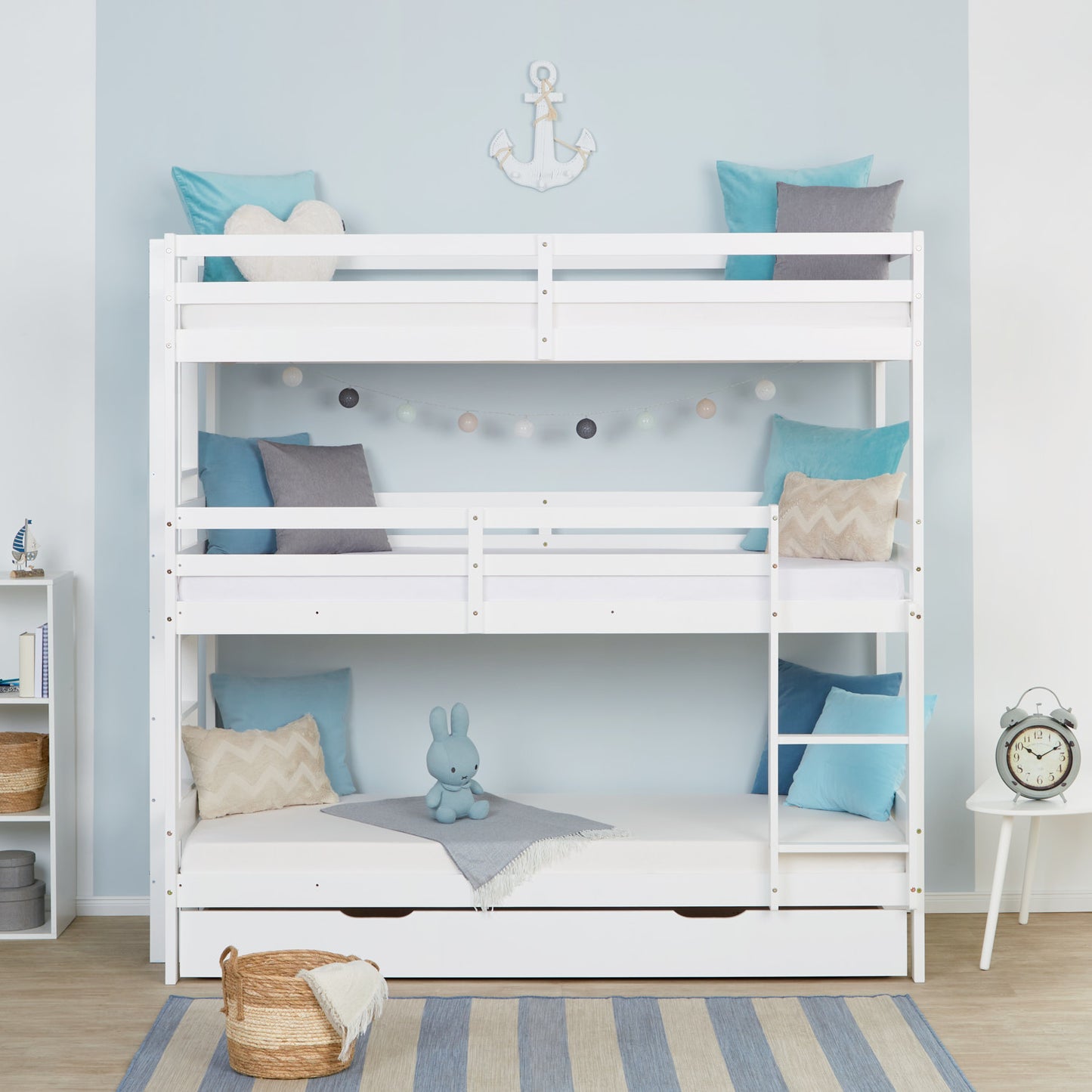 Etagenbett mit Matratzen 90x200 cm mit Bettkasten Dreifachbett Weiss