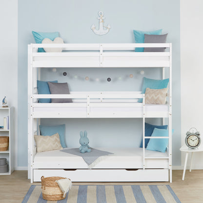 Etagenbett mit Matratzen 90x200 cm mit Bettkasten Dreifachbett Weiss