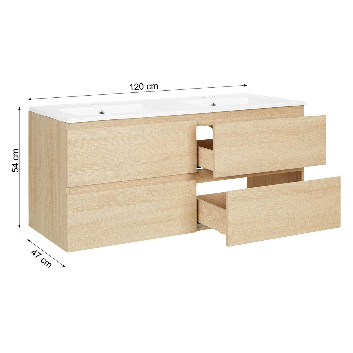 Badmöbel Set 3 tlg. Doppelwaschtisch 120 cm Holz Eiche - Palo24