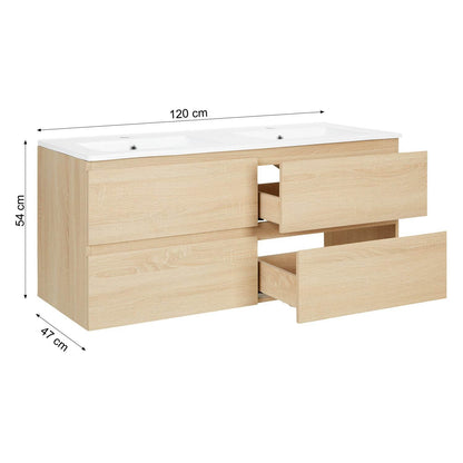 Badmöbel Set 3 tlg. Doppelwaschtisch 120 cm Holz Eiche - Palo24