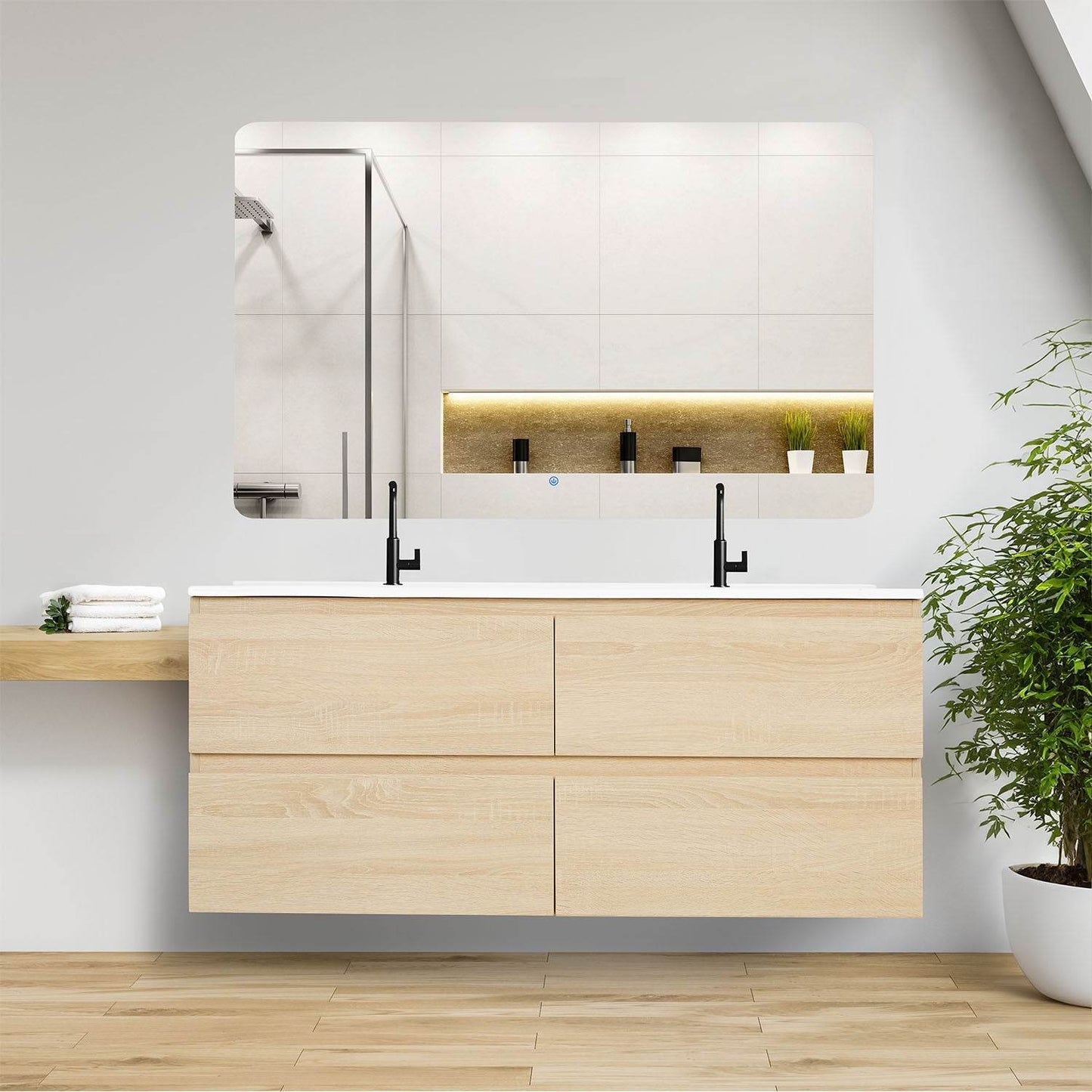 Badmöbel Set 3 tlg. Doppelwaschtisch 120 cm Holz Eiche - Palo24