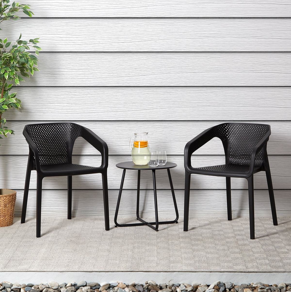 Gartenstuhl mit Armlehnen 4er Set Gartensessel Schwarz Stühle Kunststoff