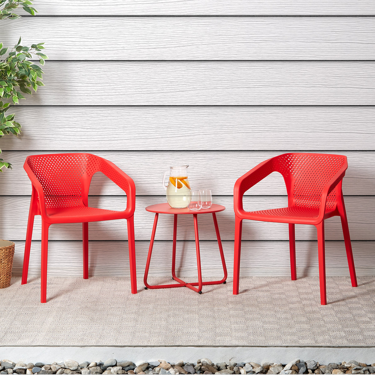 Gartenstuhl mit Armlehnen 4er Set Gartensessel Rot Kunststoff Stapelstühle