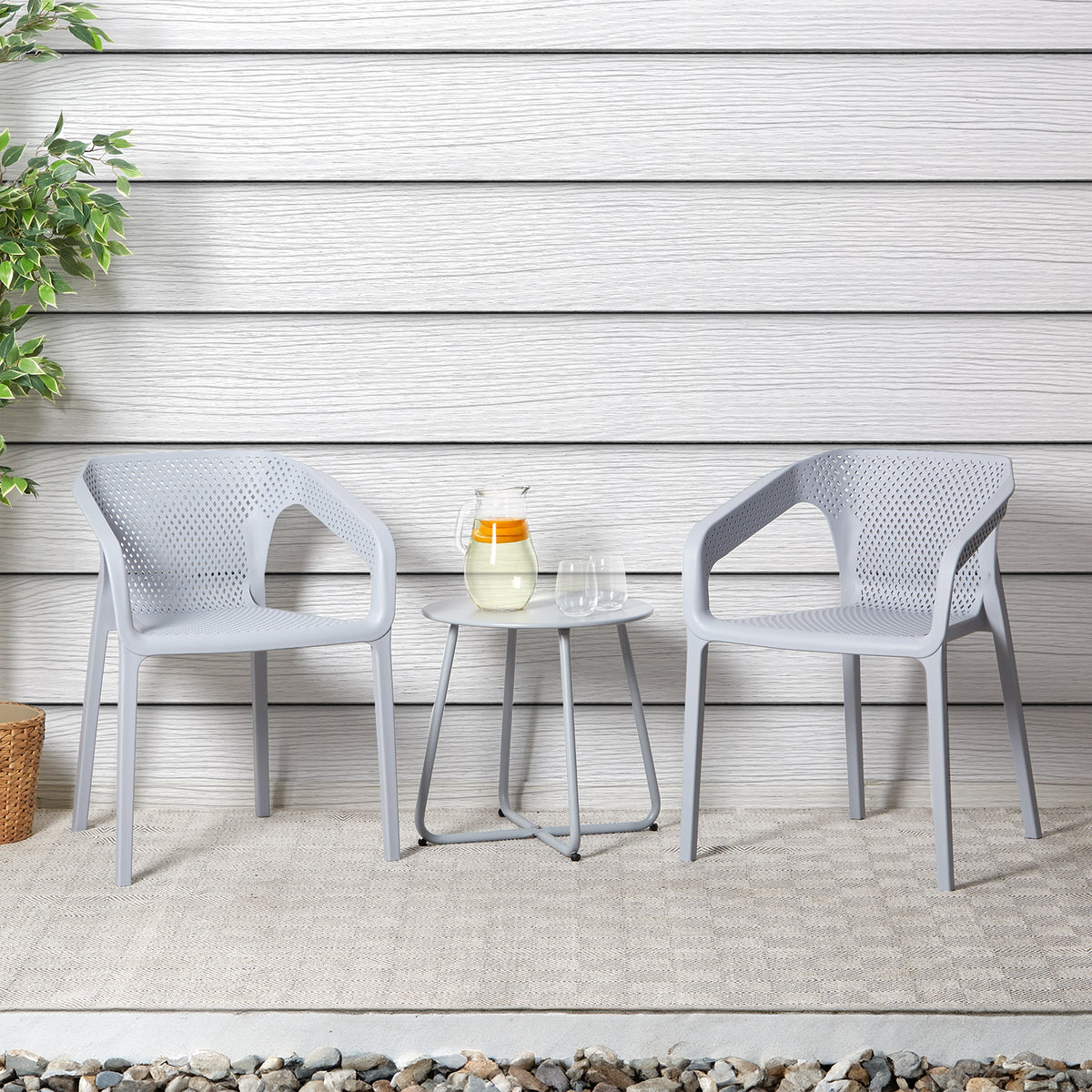 Gartenstuhl mit Armlehnen 6er Set Gartensessel Grau Kunststoff Stapelstühle