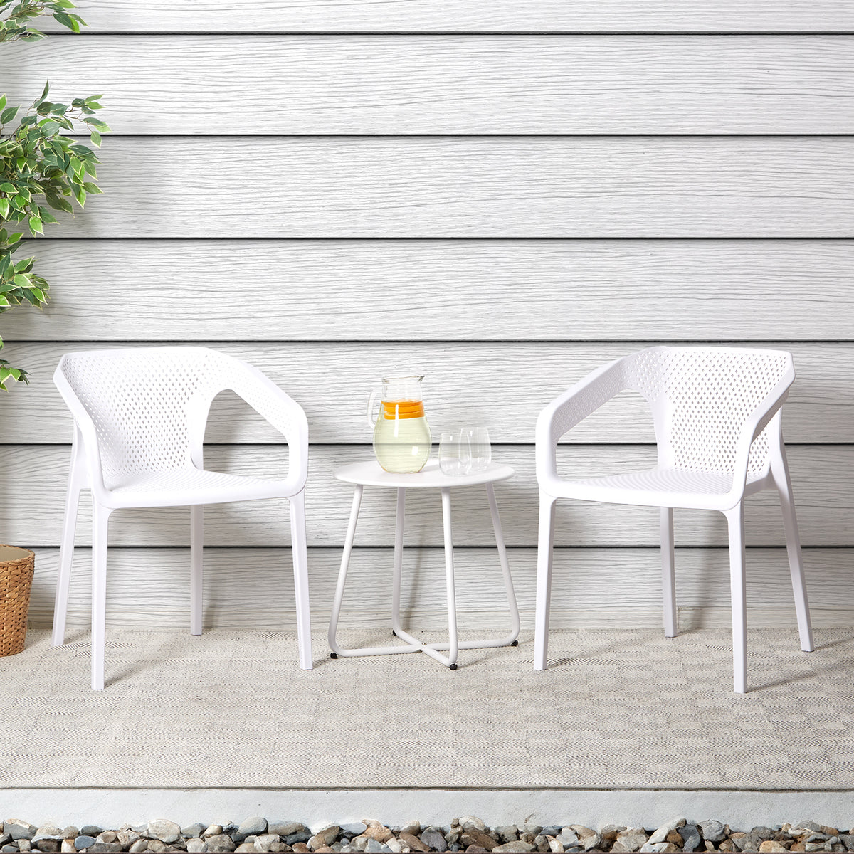 Gartenstuhl mit Armlehnen 2er Set Gartensessel Weiss Kunststoff Stapelstühle
