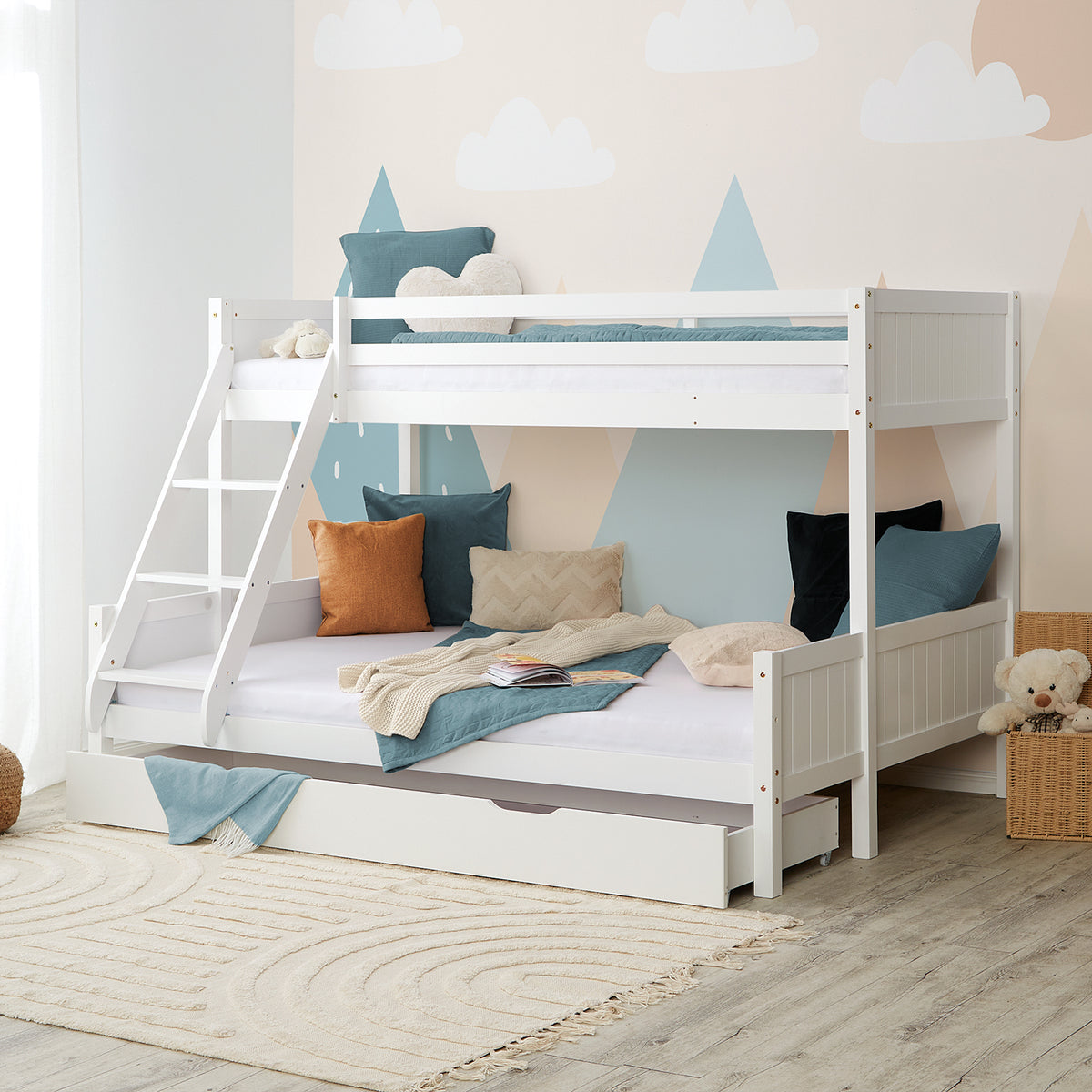 Etagenbett 2 Liegeflächen 90x200 cm und 140x200 cm Weiss | mit Bettkasten | mit Lattenrost