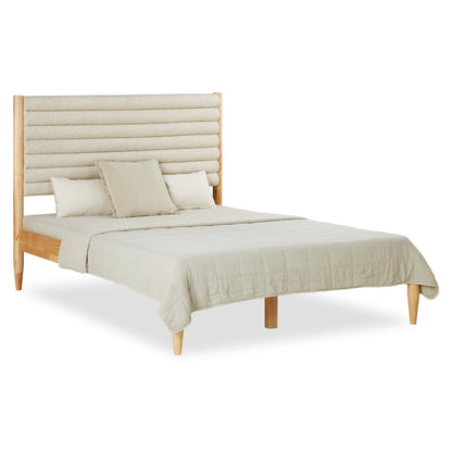 Holzbett mit Polsterkopfteil 140x200 cm Eiche Beige Bouclé | mit Lattenrost | mit Matratze