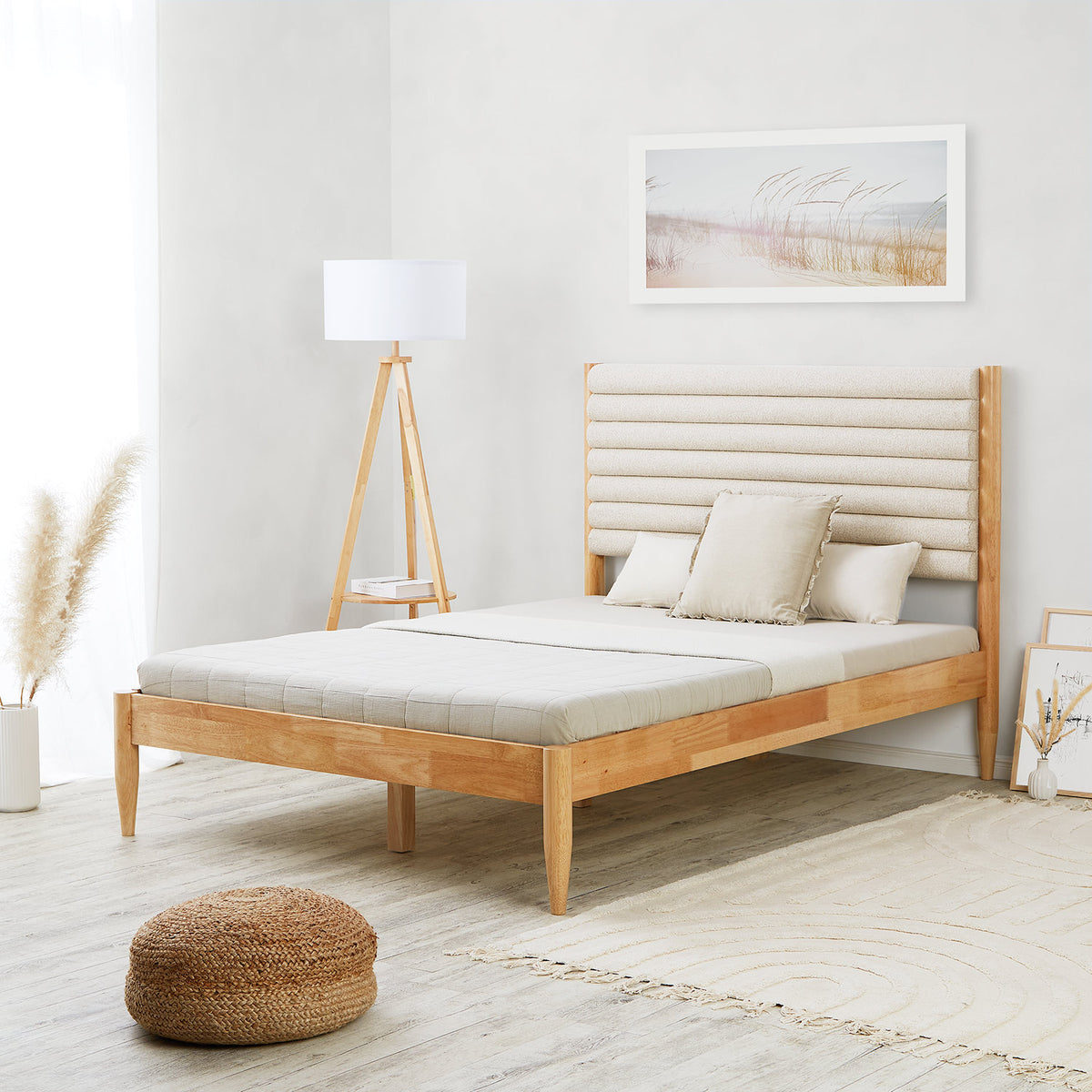 Holzbett mit Polsterkopfteil 140x200 cm Eiche Beige Bouclé | mit Lattenrost | mit Matratze