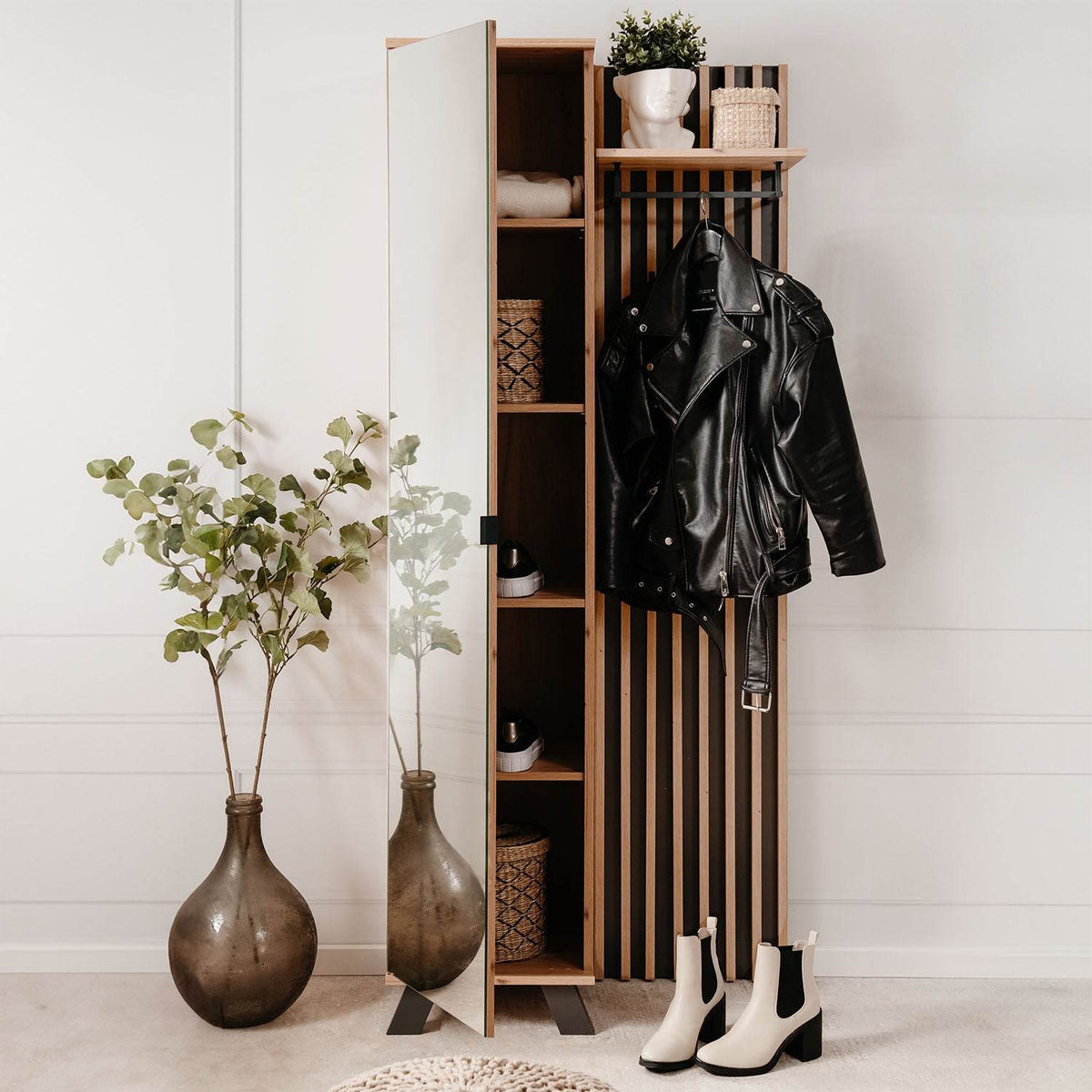 Garderobe Kleiderständer mit Spiegel Garderobenschrank Holz Eiche - Palo24