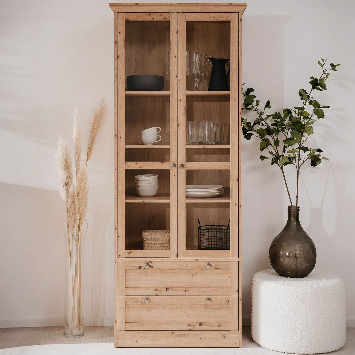 Vitrine Highboard Holz Eiche Glas Vitrinenschrank - Palo24