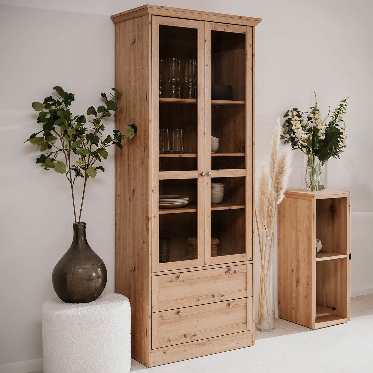 Vitrine Highboard Holz Eiche Glas Vitrinenschrank - Palo24