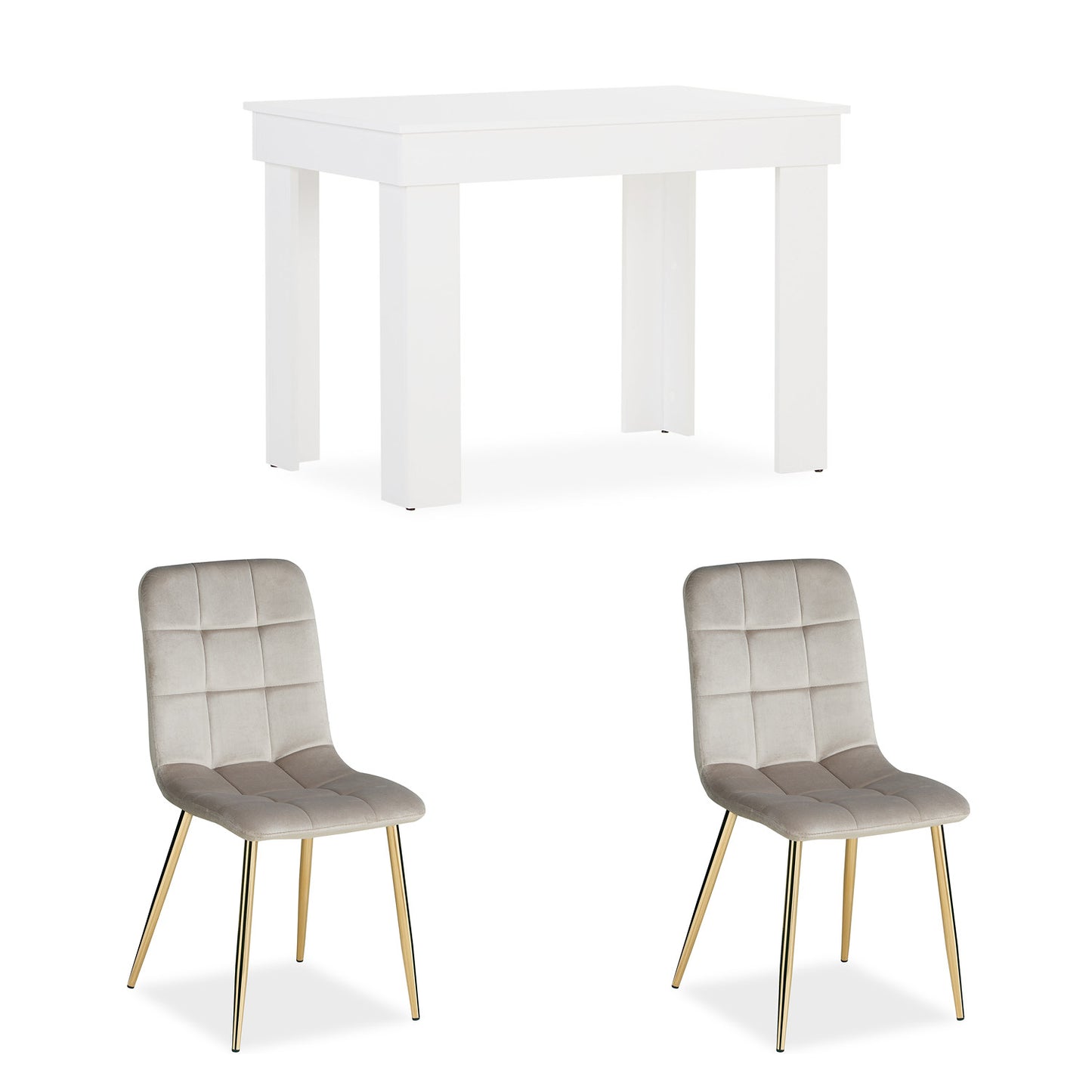 Essgruppe | 2er-Set Polsterstühle Creme Samt ohne Armlehne | Esstisch Weiss 90 x 60 cm