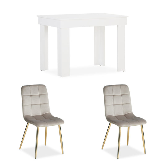 Essgruppe | 2er-Set Polsterstühle Creme Samt ohne Armlehne | Esstisch Weiss 90 x 60 cm