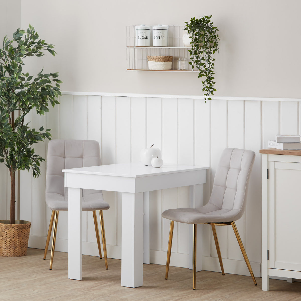Essgruppe | 2er-Set Polsterstühle Creme Samt ohne Armlehne | Esstisch Weiss 90 x 60 cm